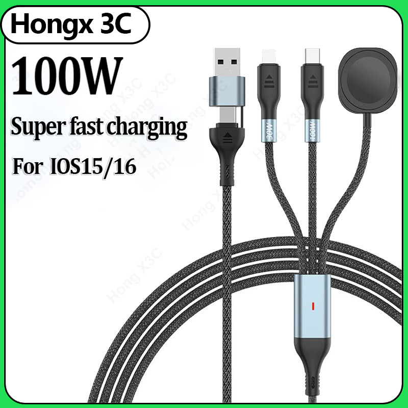 PD100W นาฬิกาแม่เหล็กสายชาร์จข้อมูลเร็วสุด 4-in-1 ไนลอนถักสายชาร์จข้อมูลอย่างรวดเร็วเหมาะสําหรับ IOS15,16/Type C/นาฬิกา