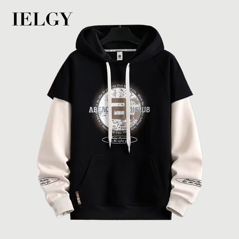 IELGY คลุมด้วยผ้าเหงื่อผู้ชายฤดูใบไม้ผลิและฤดูใบไม้ร่วงพิมพ์เย็บหลวมสบายๆแขนยาว