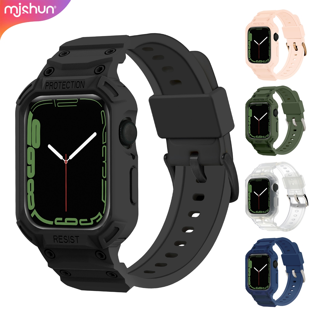 MJJUN สายซิลิโคน + เคสสําหรับ Apple Watch 38 40 41 42 44 45 46 49 มม., Sport Clear Band สําหรับ iwat