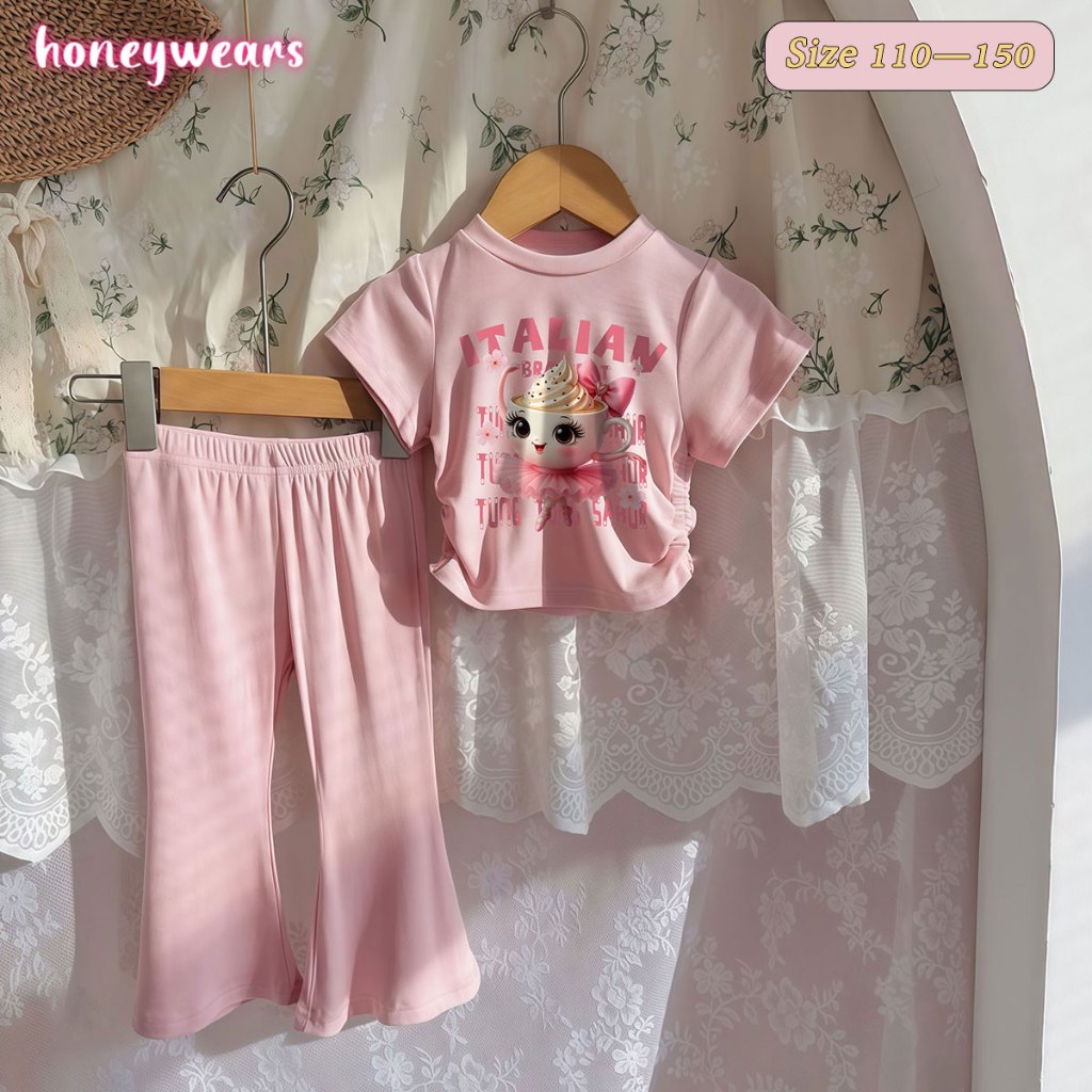 honeywears⚡พร้อมส่ง⚡ชุดสูทเด็ก ชุดเสื้อสีชมพู+กางเกงขายาว สไตล์เกาหลี รูปแบบการ์ตูนแฟชั่น เนื้อผ้าใส่สบาย สำหรับเด็กผู้หญิง ไซส์ 110-150