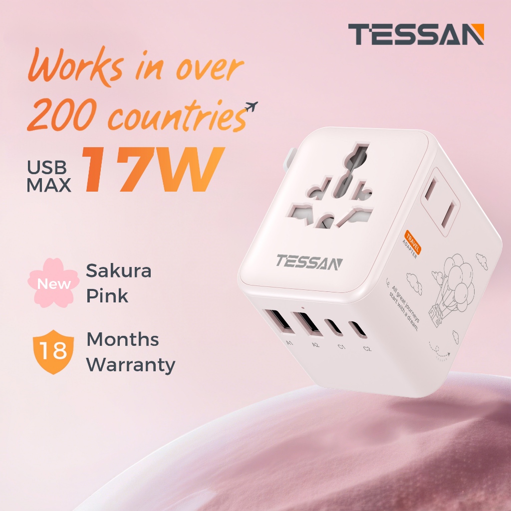 TESSAN อะแดปเตอร์เดินทางสากลพร้อม USB + Type C อะแดปเตอร์ปลั๊กสากลที่จำเป็นสำหรับการเดินทาง
