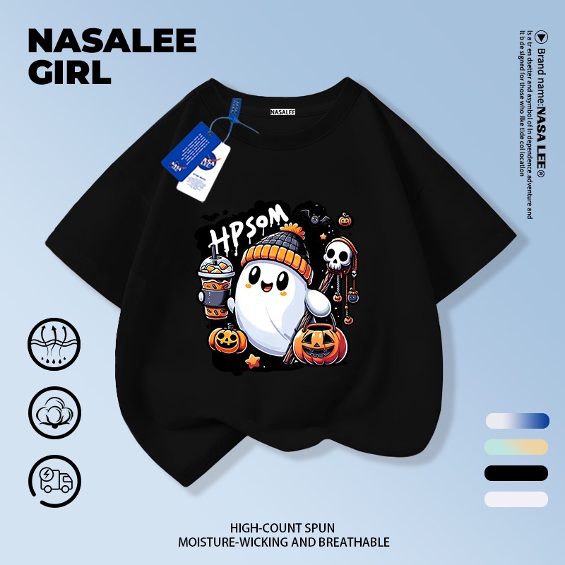 【ส่งของในวันเดียวกัน】เสื้อยืดแขนสั้นเด็ก NASA เนื้อฝ้ายสีดำ ระบายอากาศดี ลายผี "Trick or Treat" สำหรับอายุ 3-16 ปี ชุดฮัลโลวีน สวมใส่สบาย