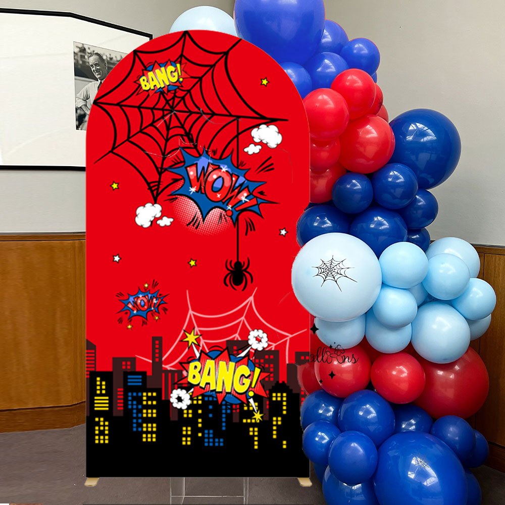 2M Superhero City Arch Stand Cover Double Sided Spider Web Cityscape Spiderman Themed ฉากหลังสําหรับ