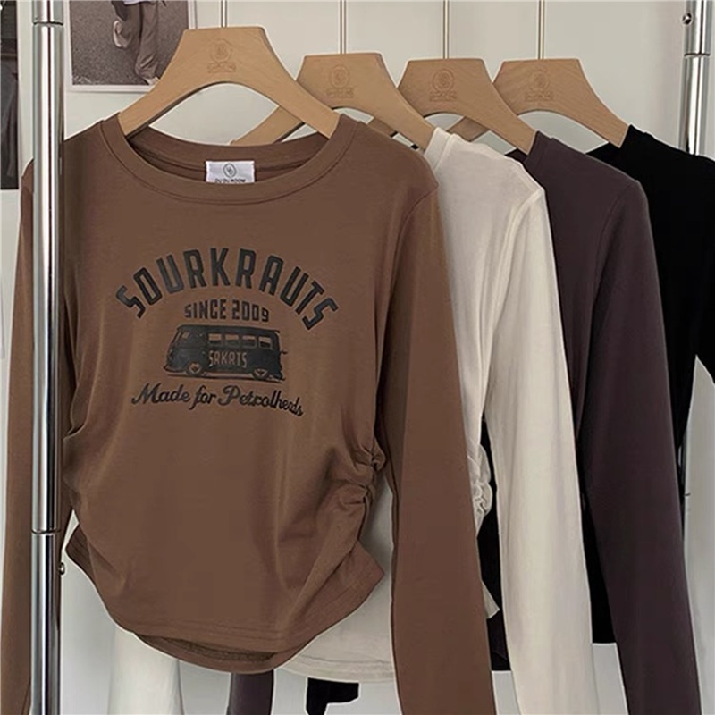 Bella shop เสื้อยืดแขนยาวผู้หญิง เสื้อยืดคอกลมแขนยาวพิมพ์ลาย ผ้าเนื้อนุ่ม ใส่สบาย กระชับสัดส่วน มีสไตล์และเรียบง่าย