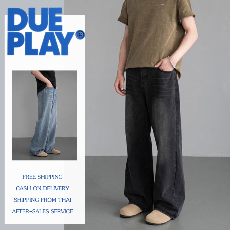Dueplay กางเกงยีนส์ผู้ชาย แฟชั่นสบายถนนสูงสีทึบพื้นฐานเรียบง่าย 3 สีให้เลือก