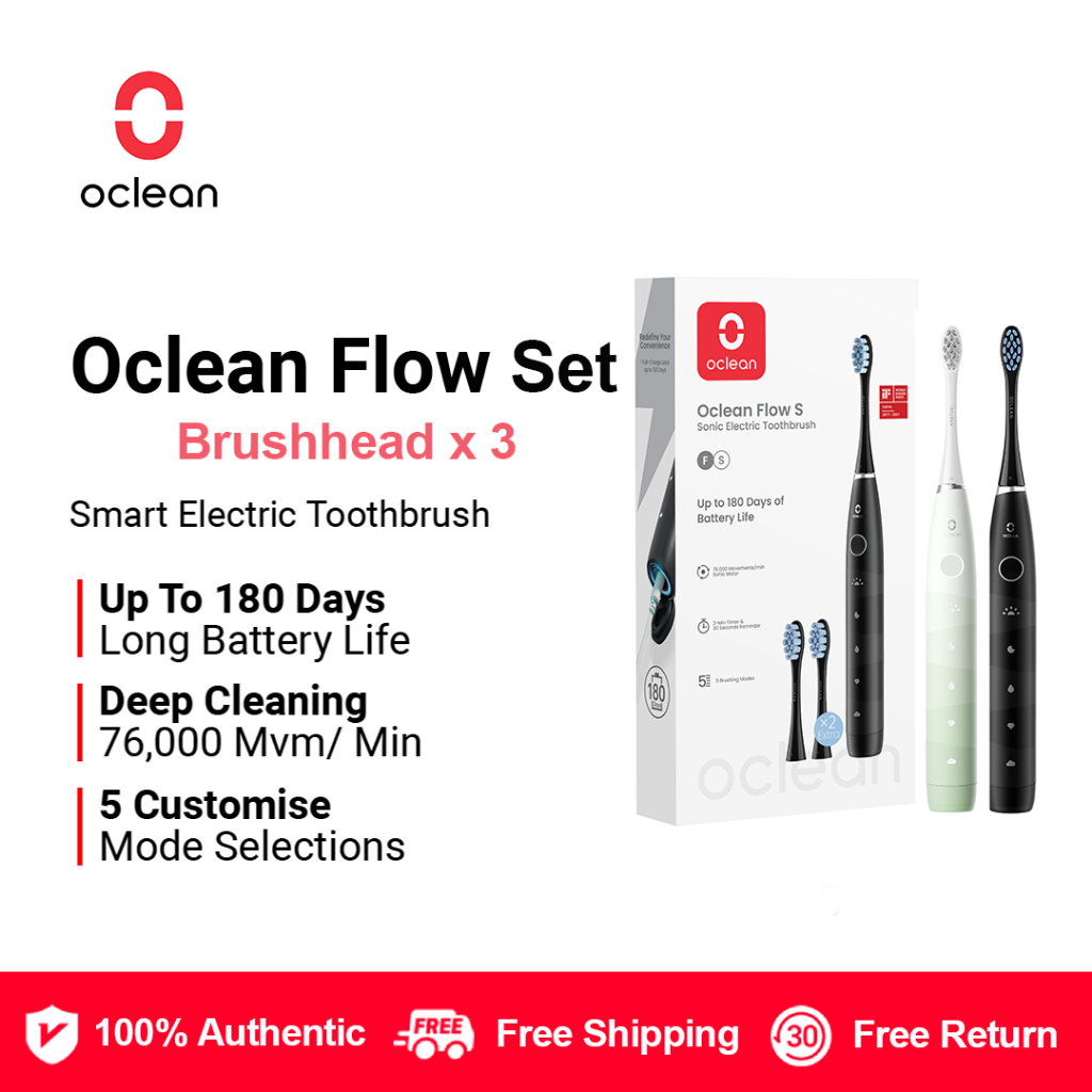 แปรงสีฟัน Oclean Sonic 5 โหมด 180 วัน แบตเตอรี่รับประกัน 2 ปี ชุดการไหลแปรงสีฟันไฟฟ้าพร้อมหัวแปรง 3 