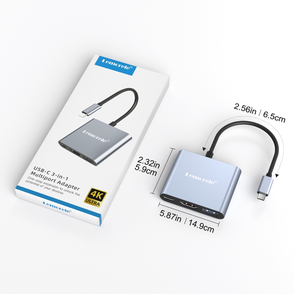 Lemoerle TC33 อะแดปเตอร์ฮับ USB 3-in-1 USB C เป็น HDMI 4K30HZ USB-A5Gbps  PD100W Plug and Play - รูปที่ 4