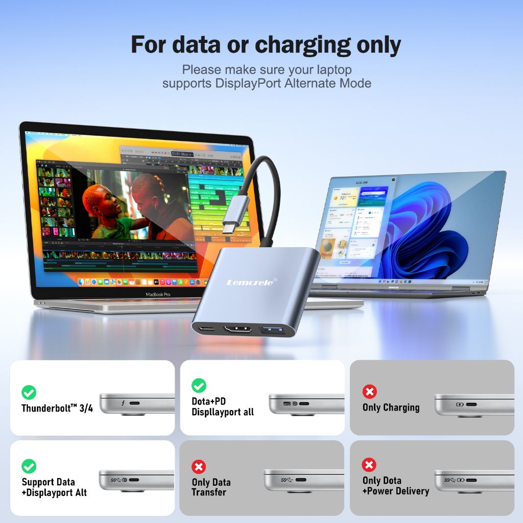 Lemoerle TC33 อะแดปเตอร์ฮับ USB 3-in-1 USB C เป็น HDMI 4K30HZ USB-A5Gbps  PD100W Plug and Play - รูปที่ 3