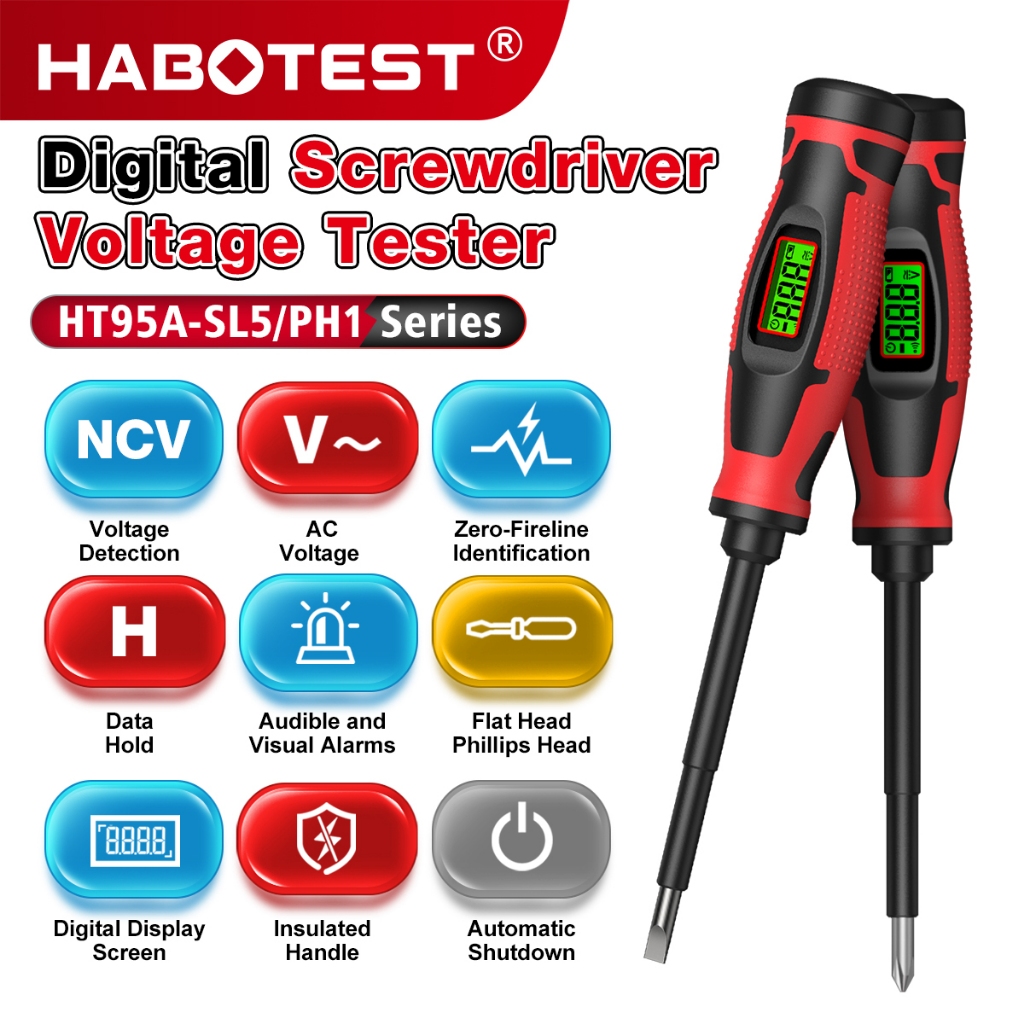 HABOTEST HT95A-SL5/PH1 เครื่องวัดแรงดันไฟฟ้าไขควงพร้อมฟังก์ชั่น 2-in-1 NCV ดาวน์โหลดจุดเบรกอัพหน้าจอ LCD 6v-390V แรงดันไฟฟ้า AC เหมาะสําหรับการทดสอบไฟฟ้าในบ้านและอุตสาหกรรม