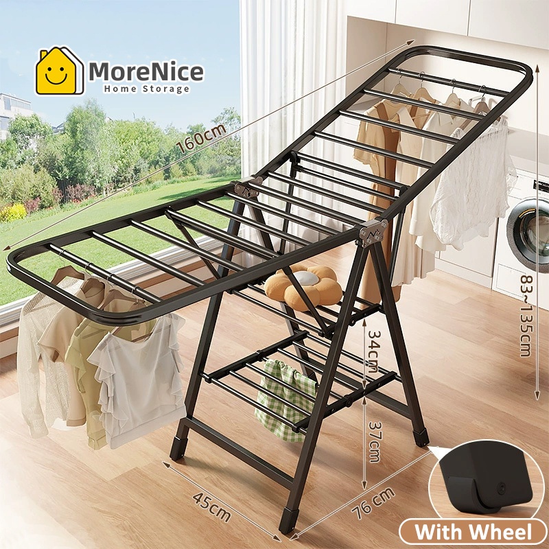 MoreNice ราวตากผ้าแบบพับได้ราวตากผ้าชั้นวางกลางแจ้งพร้อมล้อเลื่อนเพื่อการจัดระเบียบพื้นที่ซักรีดที่มีประสิทธิภาพ