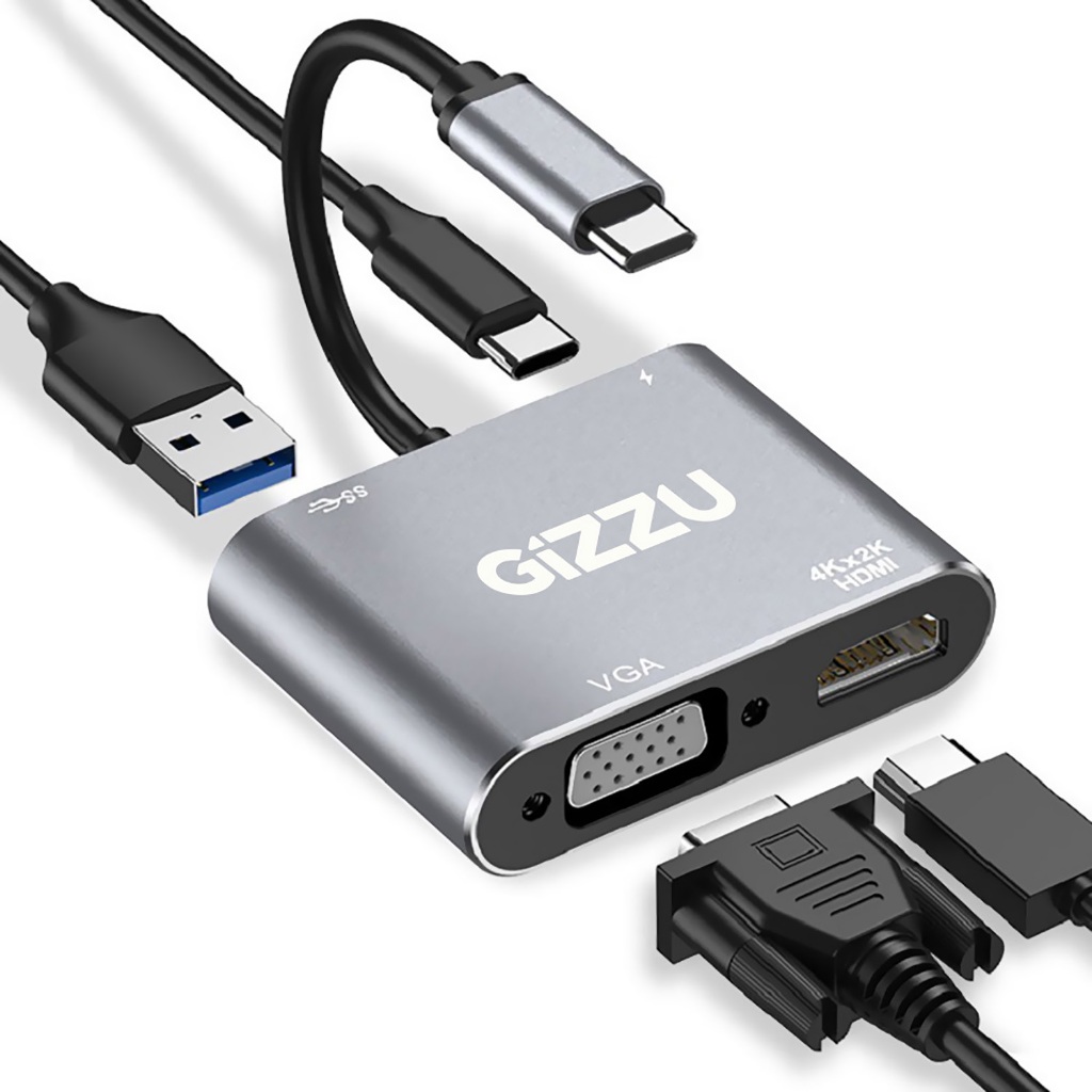 Gizzu 4-in-1 Type-C ถึง 4K@30HZ HDMI, 1080p@60Hz VGA, USB3.2 Gen 2 Converter PD 100W fast charge adapter สําหรับ MacBook/Chrome Book GAPCHVUPD