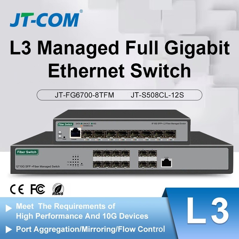 JT-COM 8 10-gigabit SFP+ พอร์ต L3 Managed Network Switch พร้อมคอนโซล 1G/2.5G/10G SFP+ 8 พอร์ต Fiber Optical Switch