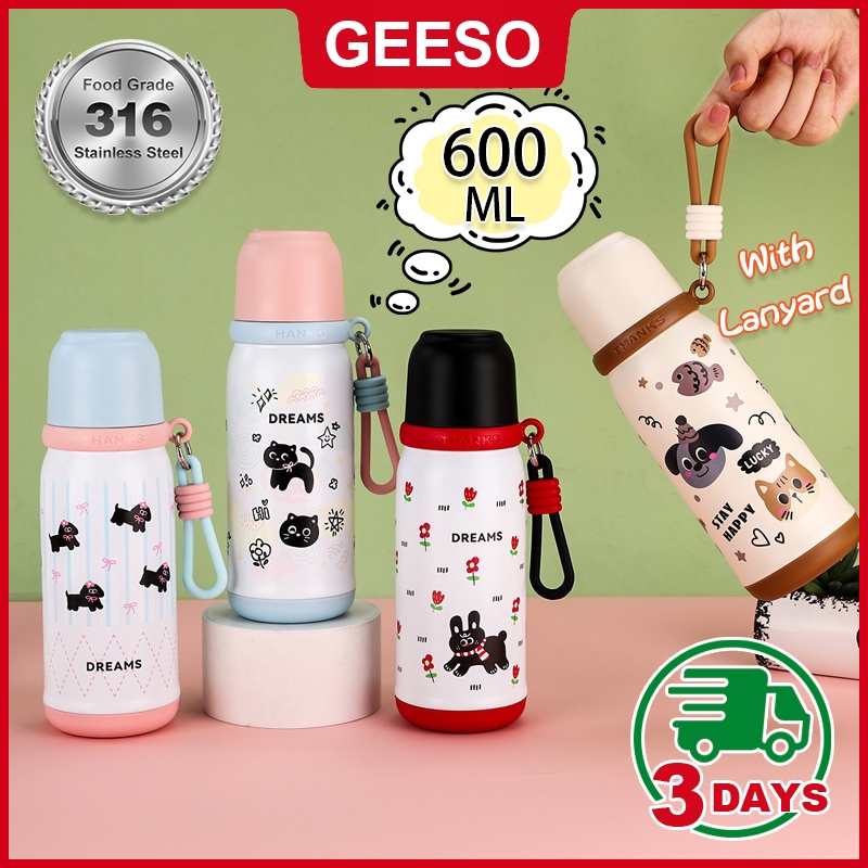 GEESO 316ถ้วยเก็บความร้อนสแตนเลสทนทานพร้อมเชือกยกให้ความอบอุ่นในถ้วยน้ํา 6-12ชม 600มล ถ้วยฟาง ลูกแมว Cute Thermal Bottle With Straw Dust Cap 三饮保温杯