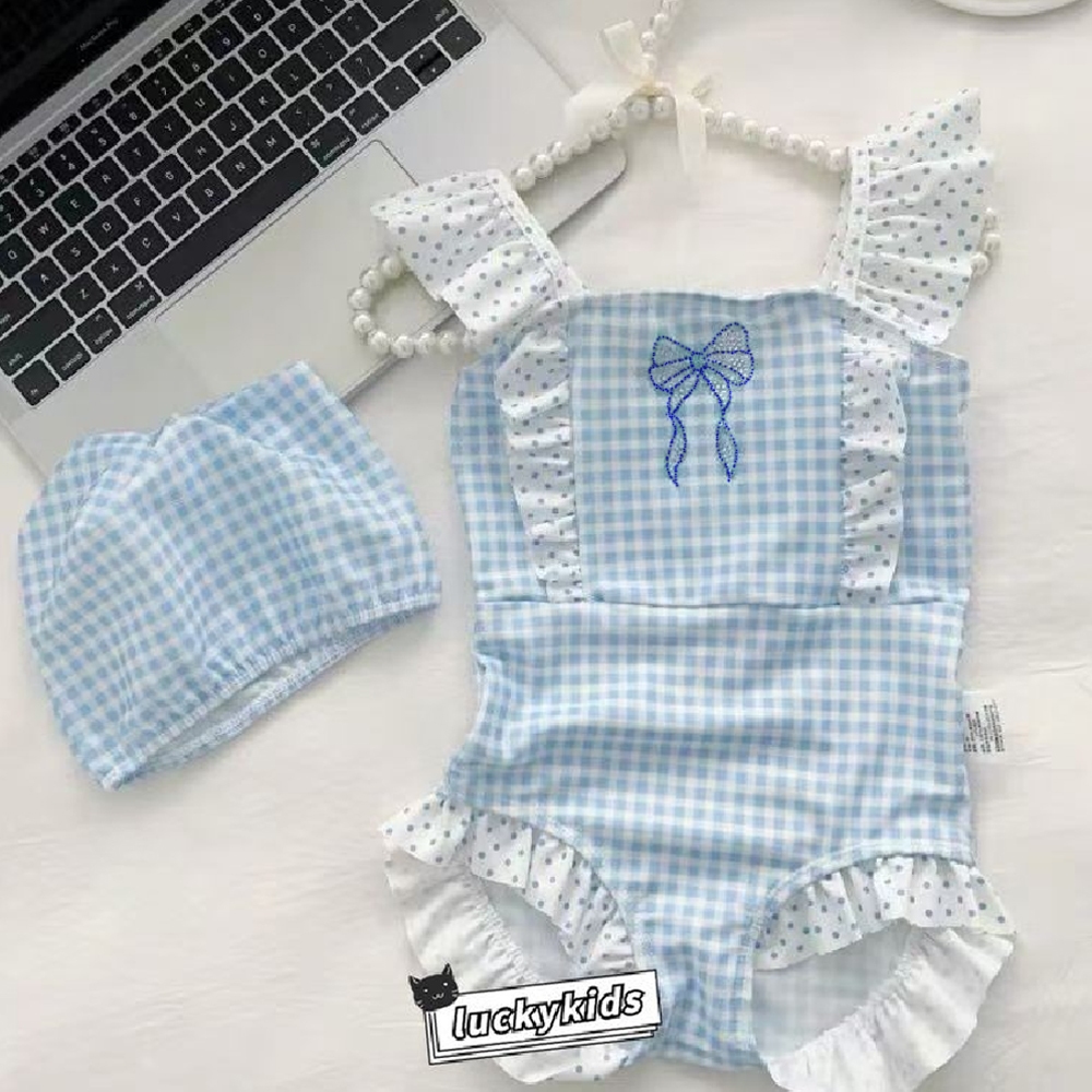 ชุดว่ายน้ำลายสก็อตแขนกุดพิมพ์ลูกไม้ สำหรับเด็กทารก + หมวกว่ายน้ำ