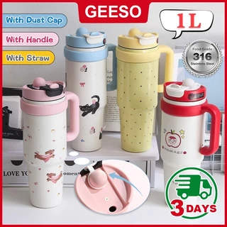 GEESO ถ้วยฉนวนแบบพกพา ถ้วยน้ำแข็ง สแตนเลส 316 ความจุ1000มล มีหลายสีให้เลือก ถ้วยความร้อนสร้างสรรค์ ความจุขนาดใหญ่ Large Capacity Cartoon Vacuum Tumbler Thermos 潮流冰霸杯