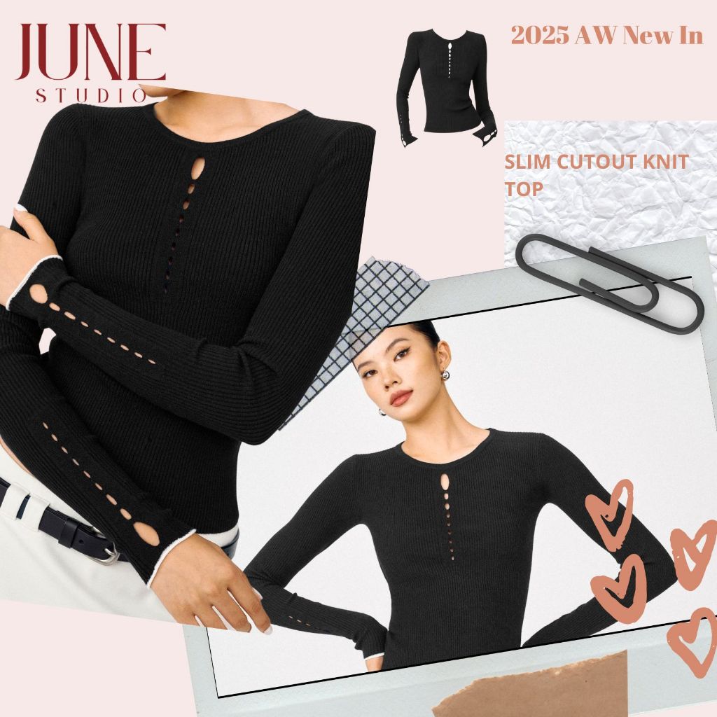 [June Studio] ทรงเรโทรสมาร์ทสำหรับผู้หญิง เสื้อกันหนาวผู้หญิงสีดำแขนยาว