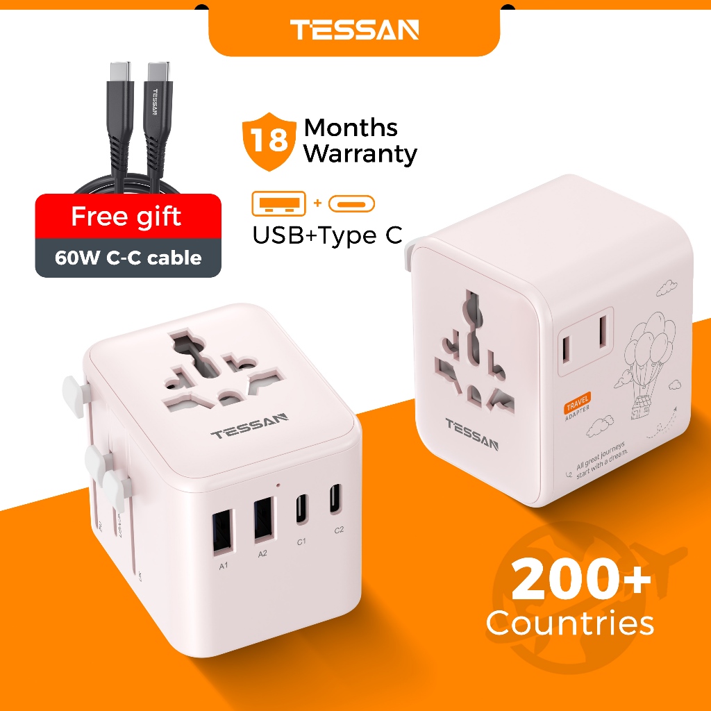 TESSAN 17W ถึง 100W Universal Travel Adapter พร้อม USB + Type C, อะแดปเตอร์ปลั๊กชาร์จสากลสำหรับ JP KR AU TW