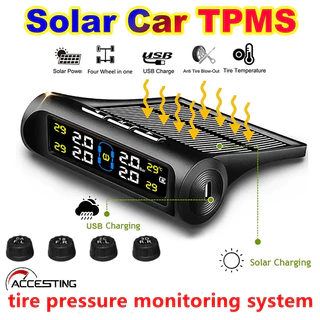 Tpms ระบบตรวจสอบความดันยางไร้สายรถพลังงานแสงอาทิตย์ Tyre สัญญาณเตือนความดันจอแสดงผล LCD Tempera-ture คําเตือน 4 เซ็นเซอร์ภายนอก