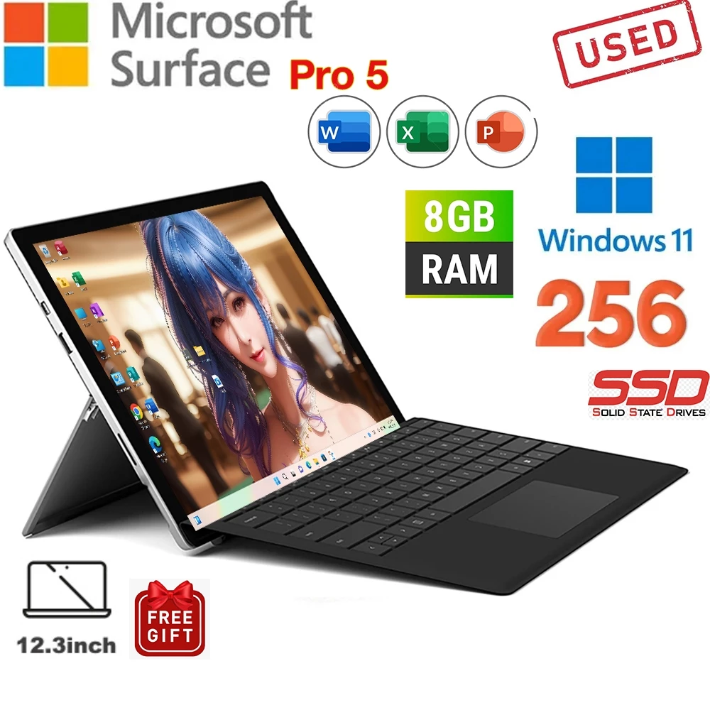 Microsoft Surface Pro 5th Gen Pro5 Intel Core i5 8GB RAM 256GB 12.3 นิ้วแท็บเล็ต 2K TouchScreen 7300U 2.6 GHz Windows 11 คอมพิวเตอร์ WiFi สําหรับธุรกิจนักเรียน PC ใช้ 85% ใหม่