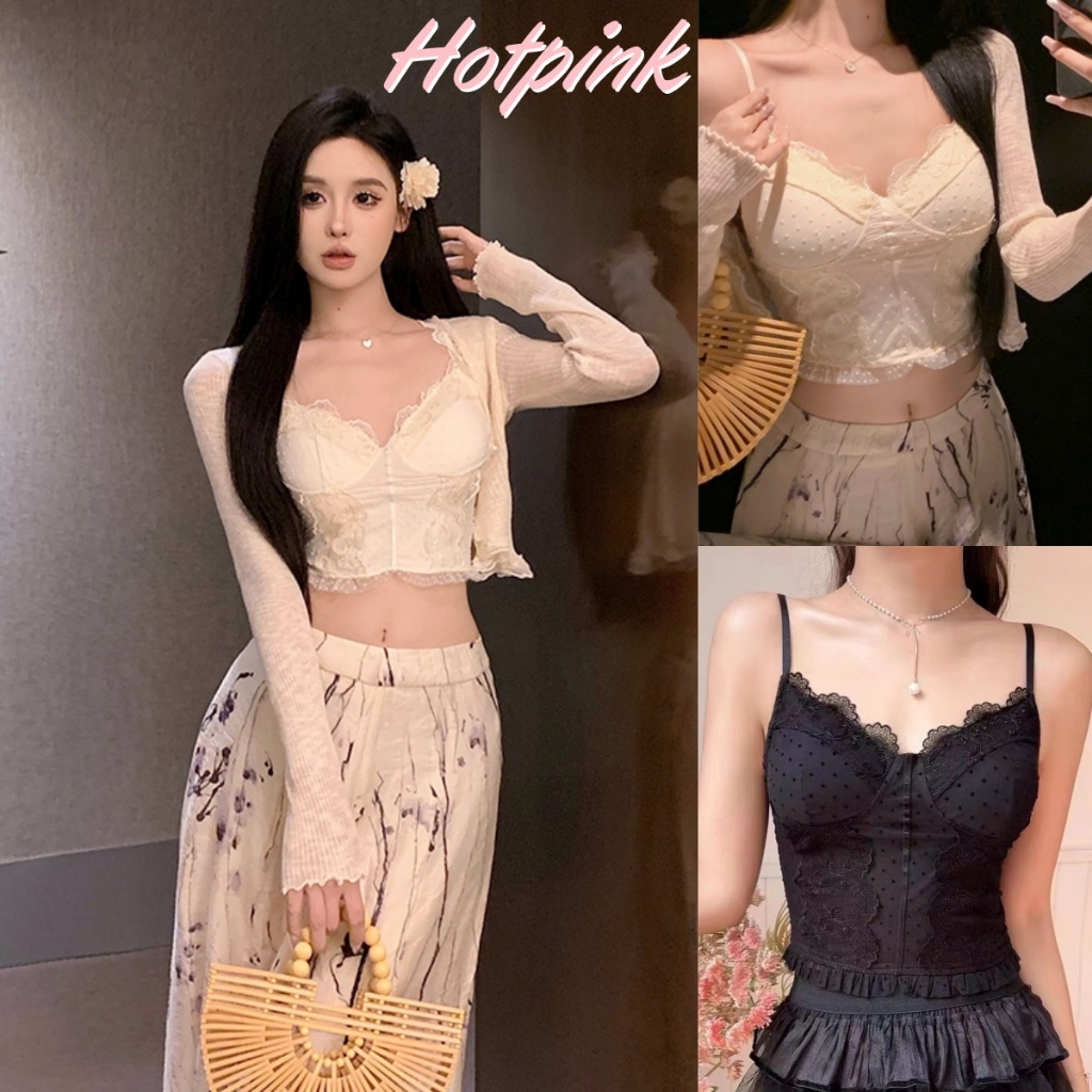 Hotpink ส่งจาก Bangkok🔥เสื้อเกาะอกลูกไม้มีแผ่นซับใน  หลังเปิดเซ็กซี่+สายปรับระดับได้  ใส่เป็นชุดในหรือสวมทับเสื้อ
