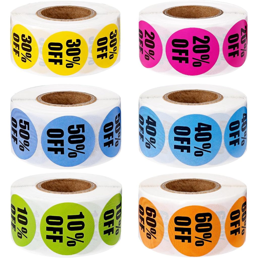 Creass ลดราคา สติ๊กเกอร์ สติ๊กเกอร์สินค้า ป้ายป้ายราคา ป้ายราคาวงกลม ลด 10% 20% 30% 40% 50% 60% สําหรับการใช้งานปลีกหรือล้างสินค้าคงคลัง (6ม้วน 6 x 500ชิ้น)