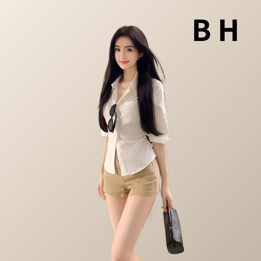 เสื้อโปโลสำหรับผู้หญิง สไตล์เกาหลี ทำจากผ้าฝ้ายและผ้าลินิน สีทึบ ดีไซน์ครึ่งแขนพร้อมเข็มขัด