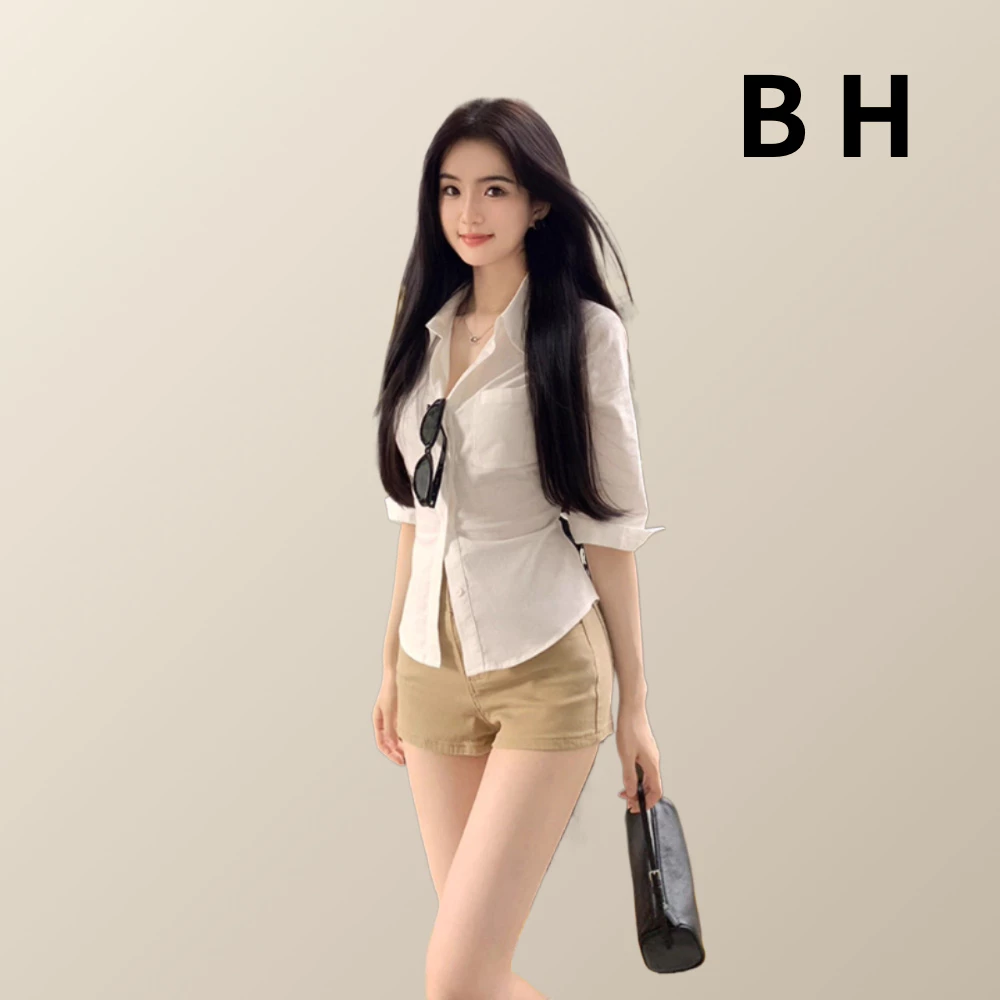 เสื้อโปโลสำหรับผู้หญิง สไตล์เกาหลี ทำจากผ้าฝ้ายและผ้าลินิน สีทึบ ดีไซน์ครึ่งแขนพร้อมเข็มขัด