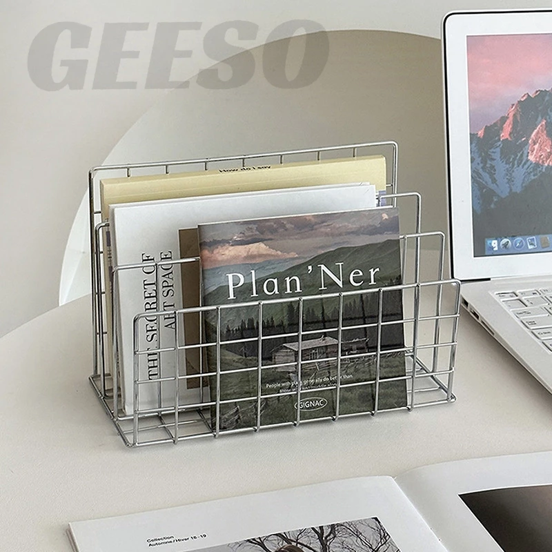 GEESO Minimalist Iron Desktop Storage Rack Organizer ตารางจัดระเบียบชั้นวางหนังสือเอกสารโต๊ะ Multi-functional 金属三格书架 thumbnail 6