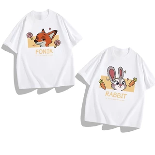 (Cotton 100%) Luvoro ลายกระต่ายและจิ้งจอกน่ารัก เสื้อยืดชาย Fox and Rabbit ผู้หญิง คอกลม สีดำ สีขาว ผ้าฝ้าย วัยผู้ใหญ่ ชุดคู่รัก Cotton 100 % ค1630/1631