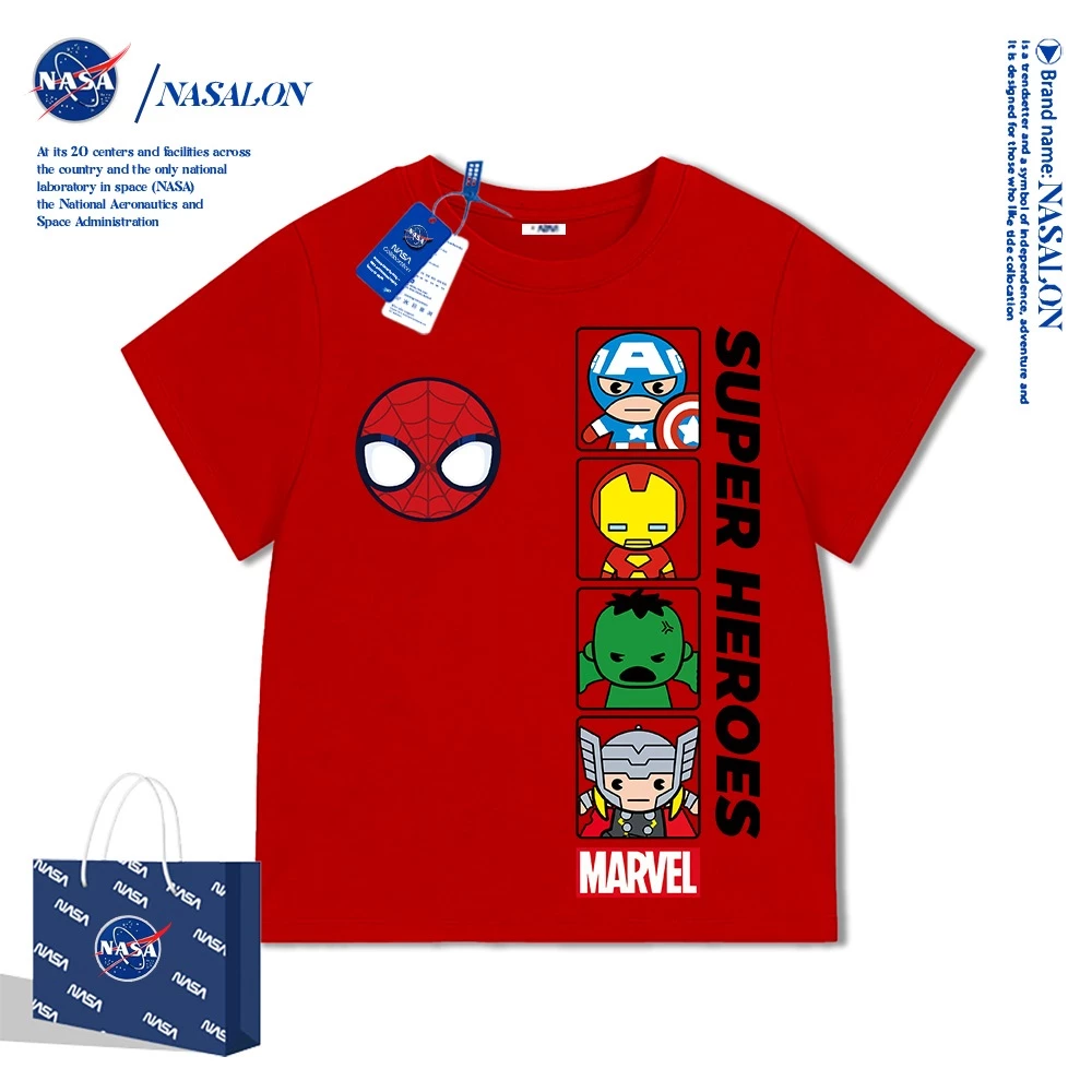 NASA เสื้อยืดเด็ก ลายการ์ตูนสไปเดอร์แมน ผ้าฝ้าย 100% เสื้อยืดเด็กผู้ชาย ทรงหลวม ใส่สบาย ระบายอากาศดี
