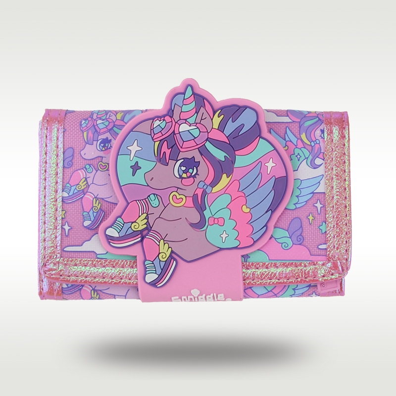 กระเป๋าสตางค์พับสามช่องสำหรับเด็กหญิง การออกแบบน่ารักเหมือนยูนิคอร์นและลายดาว ขนาด 5 นิ้ว