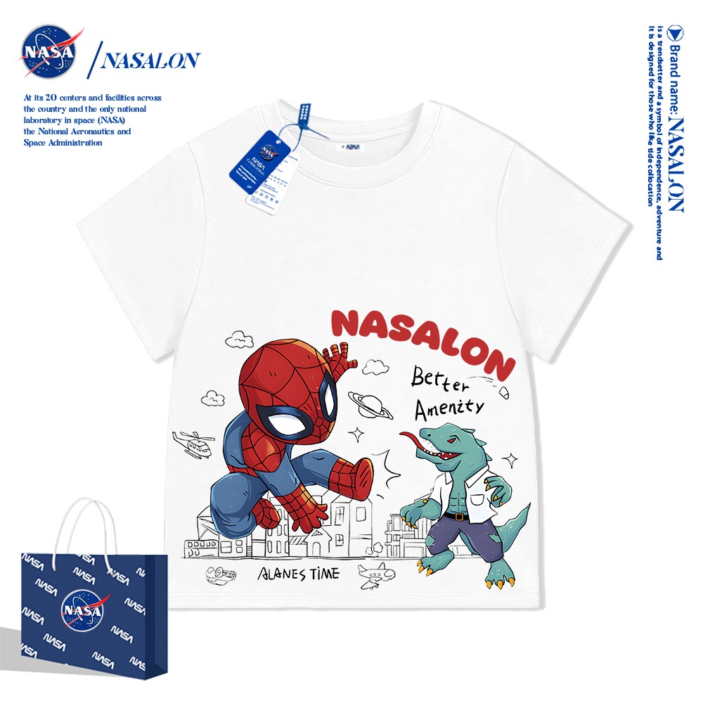 NASA เสื้อยืดเด็ก ลายการ์ตูนสไปเดอร์แมน ผ้าฝ้าย 100% นุ่มสบาย ทรงหลวม ระบายอากาศดี แฟชั่นสําหรับเด็ก