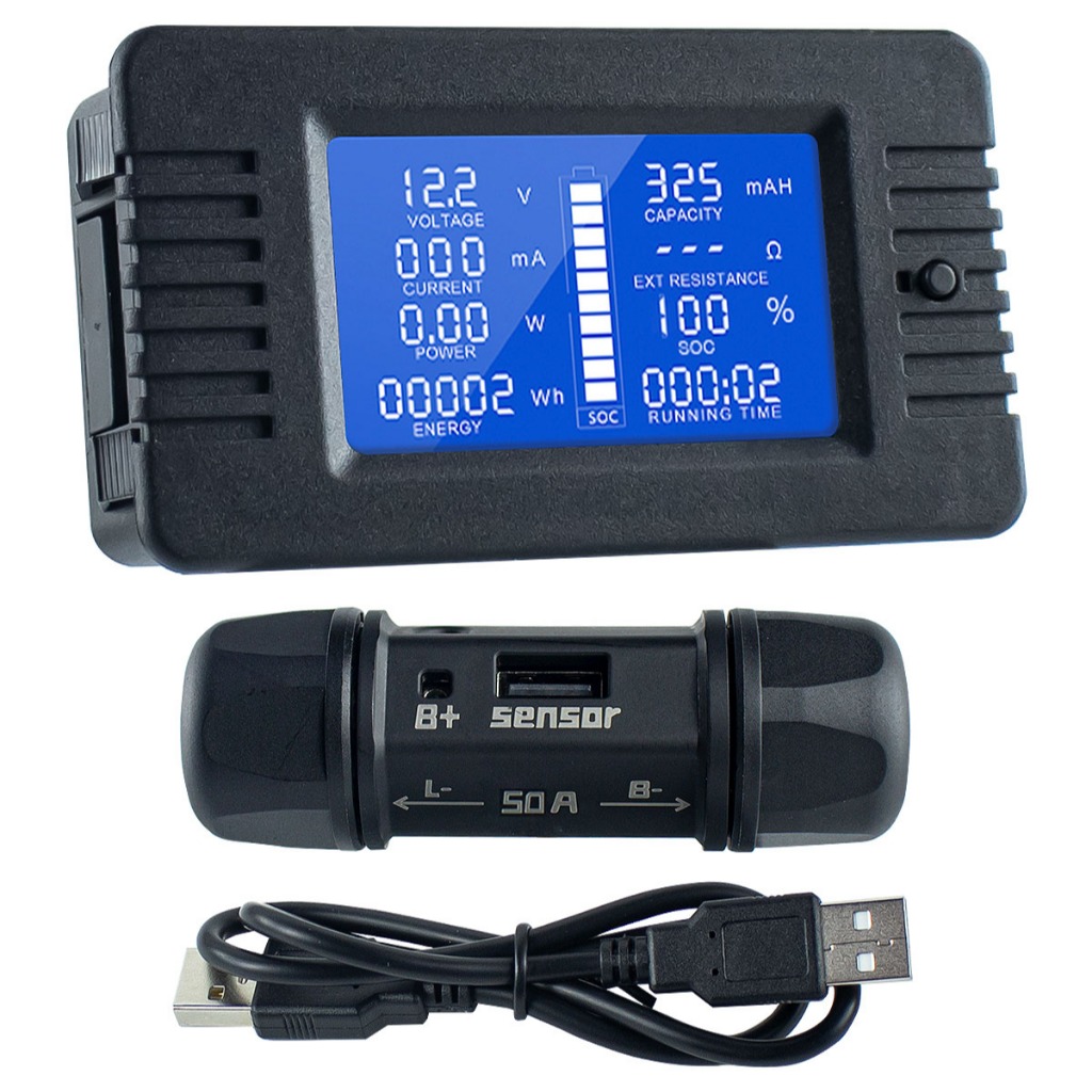 DC 8-120V 0-50A มัลติฟังก์ชั่น DC Battery Monitor พร้อม USB Shunt, จอแสดงผล LCD แรงดันไฟฟ้า Power Energy Meter เครื่องทดสอบความจุแบตเตอรี่สําหรับระบบพลังงานแสงอาทิตย์ RV รถยนต์