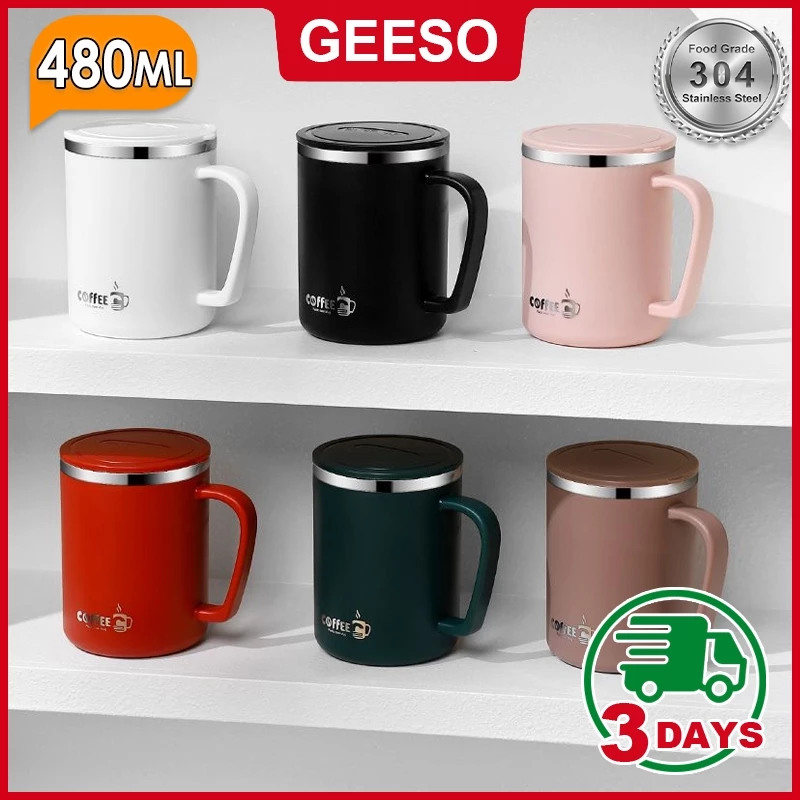 GEESO ถ้วยกาแฟเก็บความร้อน สแตนเลส304 ฝาปิดสนิท เก็บร้อน-เย็นได้นาน ดีไซน์มินิมอลเหมาะสำนักงาน-นักเรียน Stainless Steel Thermal Mug With Handle 带手柄咖啡杯