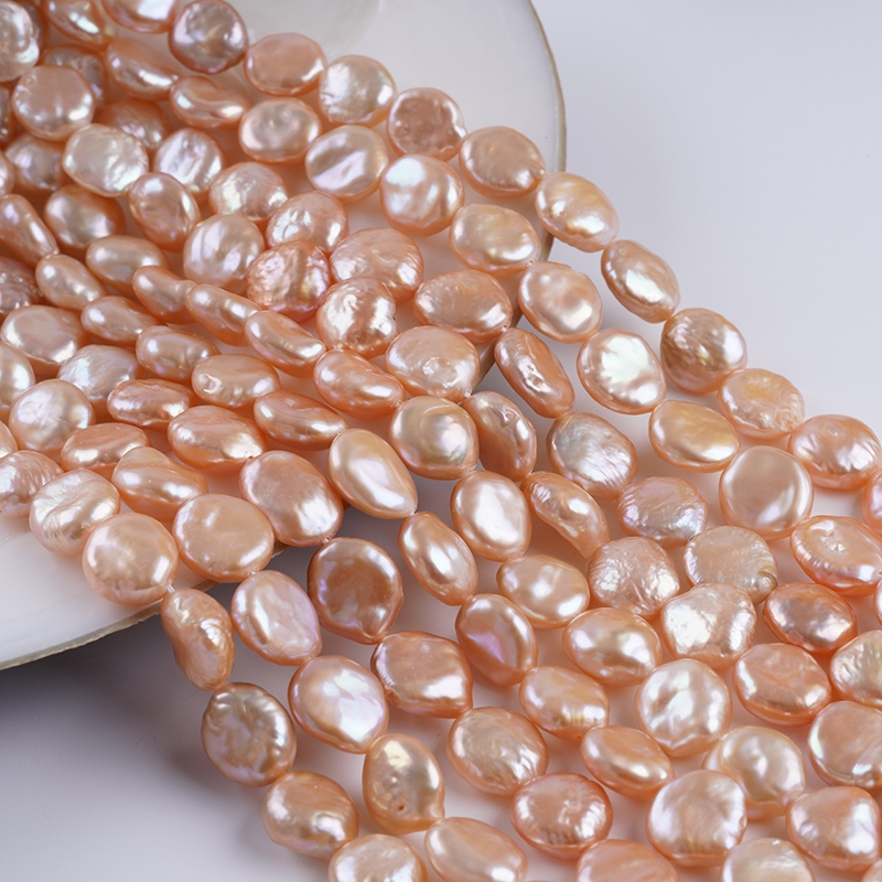 สายมุกเหรียญน้ำจืดธรรมชาติขนาด 12-13 มม. สีชมพู สำหรับทำเครื่องประดับ