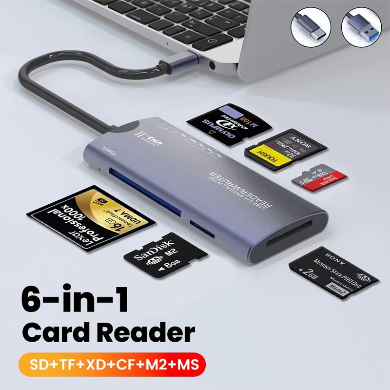 Card reader 6 in 1 อินเทอร์เฟซ Type-c/USB เหมาะสําหรับทุกรุ่น รองรับ SD+TF+XD+CF+M2+MS