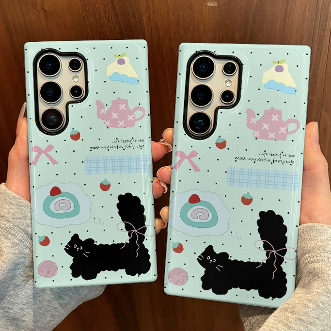 Polka dot ขนมลายแมวสีดําเคสป้องกันสองในหนึ่งเดียวเหมาะสําหรับ Samsung su22u s23 plus s23FE s24 s25 p