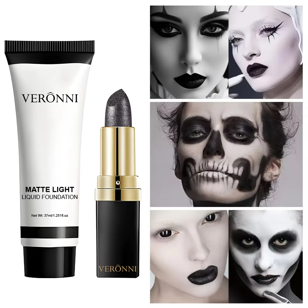VERONNI White Liquid Foundation+ชุดลิปสติกสีดําเหมาะสําหรับแต่งหน้าโกธิคสุดขีดฮาโลวีนเล่นตามบทบาท
