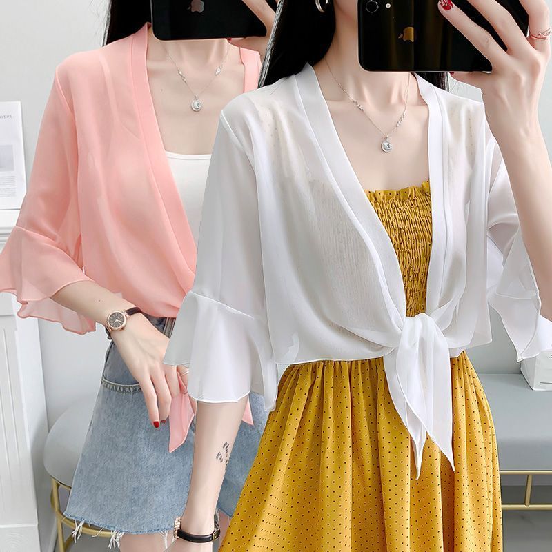 คาร์ดิแกนผ้าคลุมไหล่ผ้าชีฟองหรูหราน้ําหนักเบาผูกเชือกด้านหน้าแขนสามส่วนคลุมแขนบานสําหรับผู้หญิง