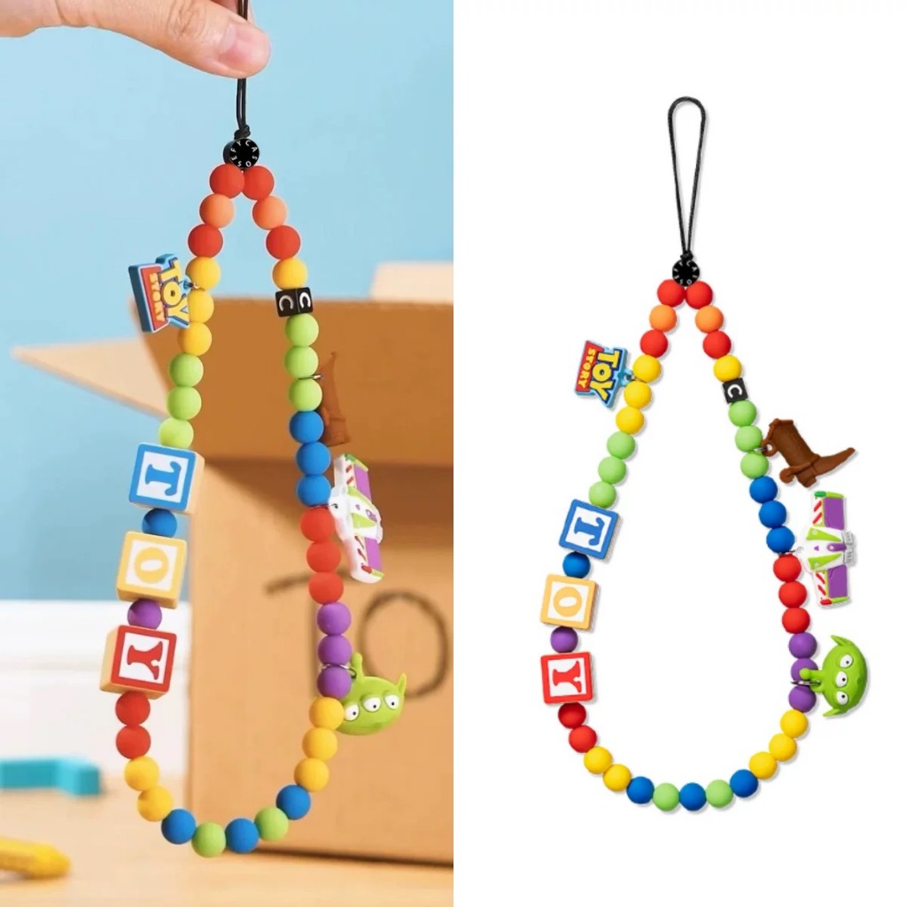 Toy Story เชือกเส้นเล็กโทรศัพท์มือถือสีแบบพกพาแฟชั่นเรียบง่ายสไตล์ใหม่ทุกการแข่งขันลูกปัดลูกปัดโซ่การ์ตูนน่ารักที่ไม่ซ้ํากัน