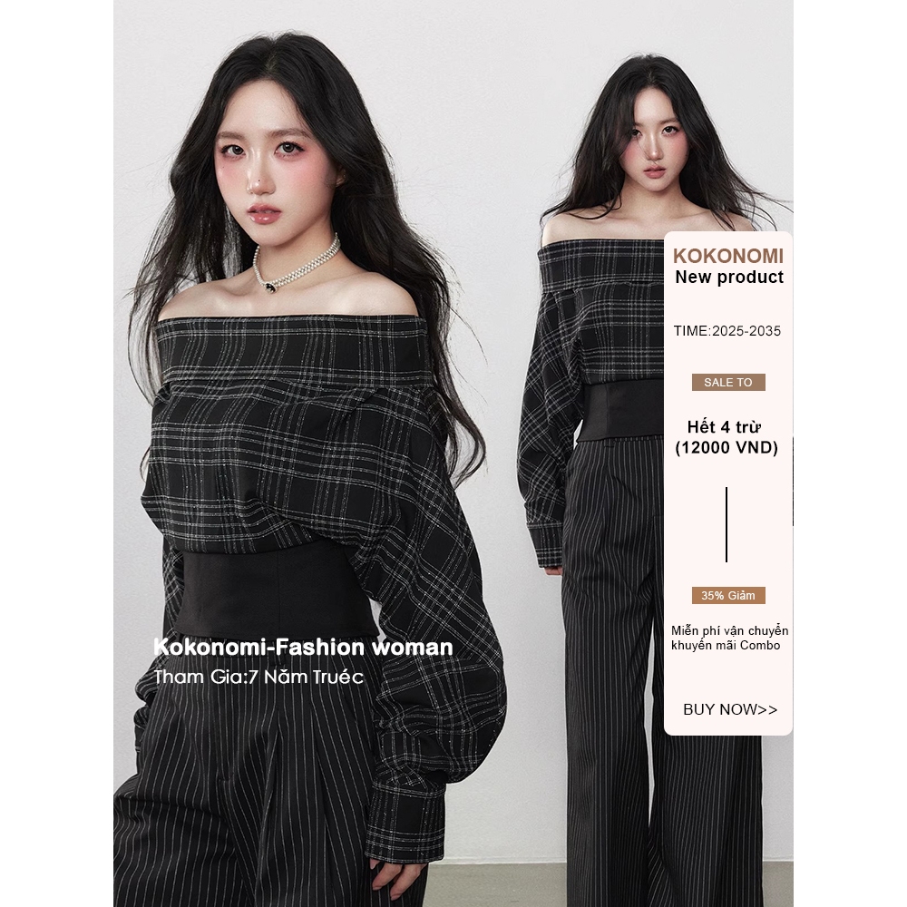 เสื้อเชิ้ตแขนยาวไหล่เดียวลายสก๊อต อารมณ์ย้อนยุค เหมาะสำหรับฤดูใบไม้ร่วง สไตล์ใหม่