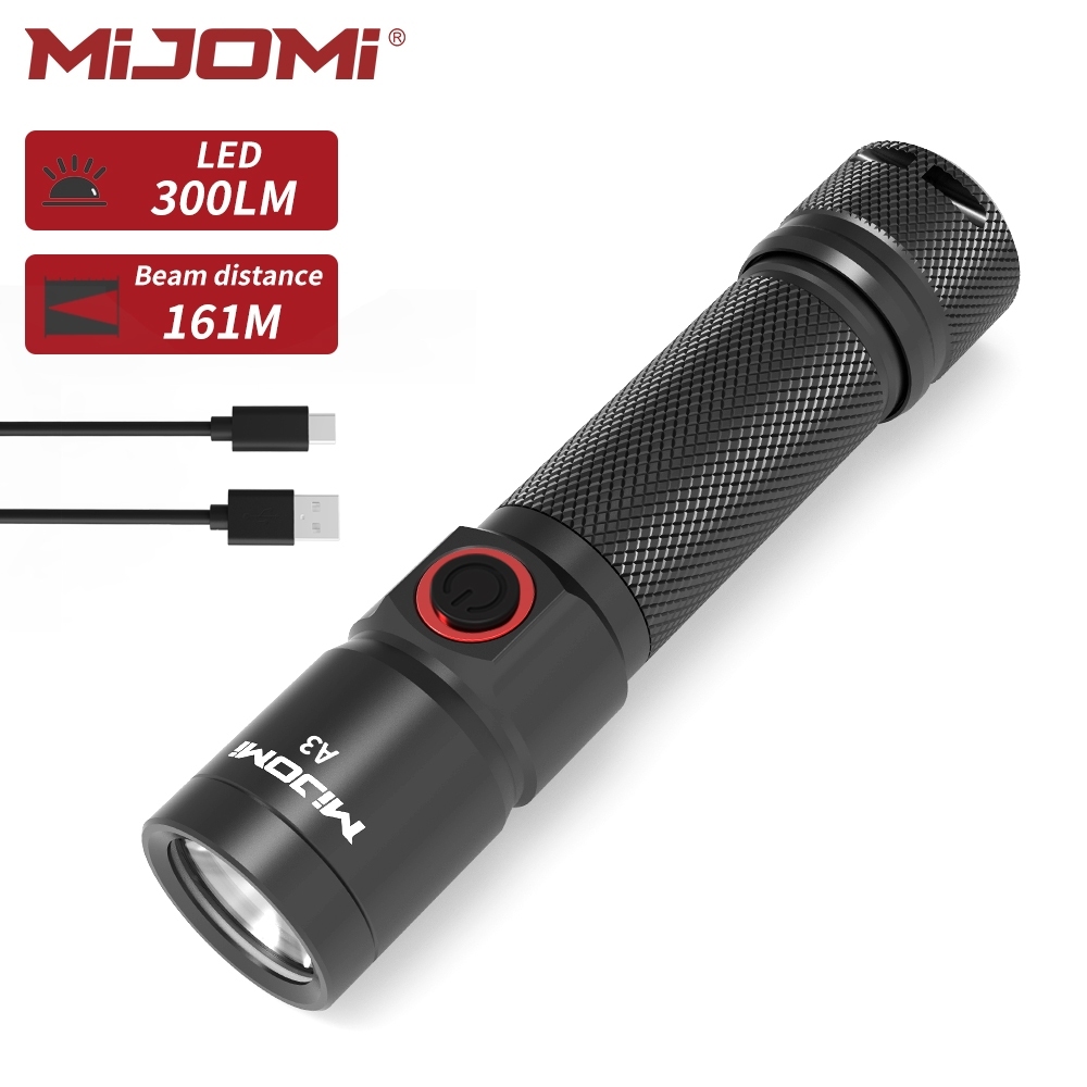 Mijomi A3 ไฟฉาย 300 Lumens ความสว่าง 161m ระยะลําแสง 18650 Type-C ไฟฉายอุตสาหกรรมแบบชาร์จไฟได้ไฟฉายกันน้ํา Christmas gift