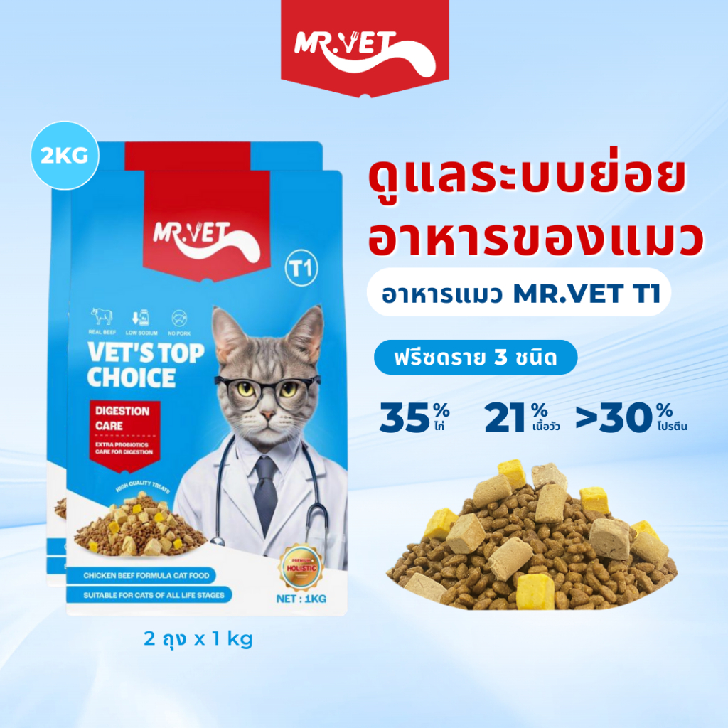 MRVET อาหารแมวโฮลิสติก T1 Combo 2 กก.- โปรตีน 30% เหมาะสําหรับแมวทุกวัย