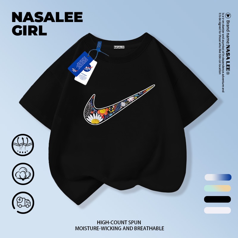 【ส่งของในวันเดียวกัน × ถึงใน 2 วัน】เสื้อยืดแขนสั้นเด็ก NASA เนื้อฝ้ายสีดำ ระบายอากาศดี ลายดอกเดซี่ดีไซน์เก๋ สำหรับอายุ 3-16 ปี ใส่ได้ทั้งเด็กชาย-เด็กหญิง สไตล์สตรีทแฟชั่น