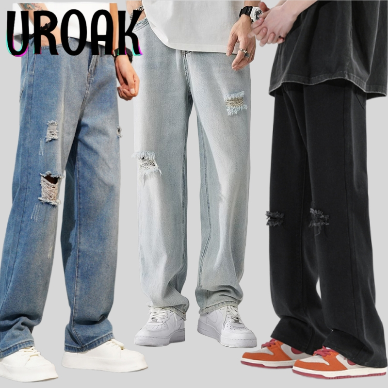 💥URAOK💥กางเกงยีนส์ผู้ชาย ขาดเข่า ขายาว ทรงตรงทรงหลวมทรงกระบอก สไตล์เกาหลีสตรีทฮิปฮอปวินเทจ ใส่ได้หญิงชาย ทุกฤดูกาล ผ้ายีนส์ไม่ยืด S-3XL