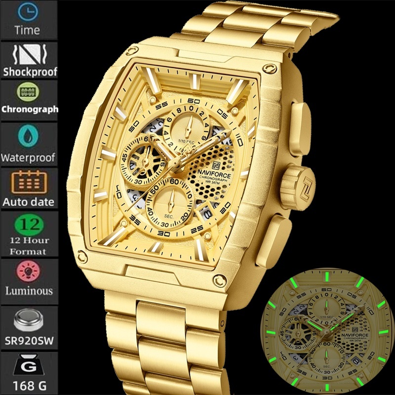 นาวีฟอร์ซ บุรุษนาฬิกาควอตซ์ปฏิทินพร้อมหน้าปัดกระจกแร่อะนาล็อกส่องสว่าง 30 เมตรกั