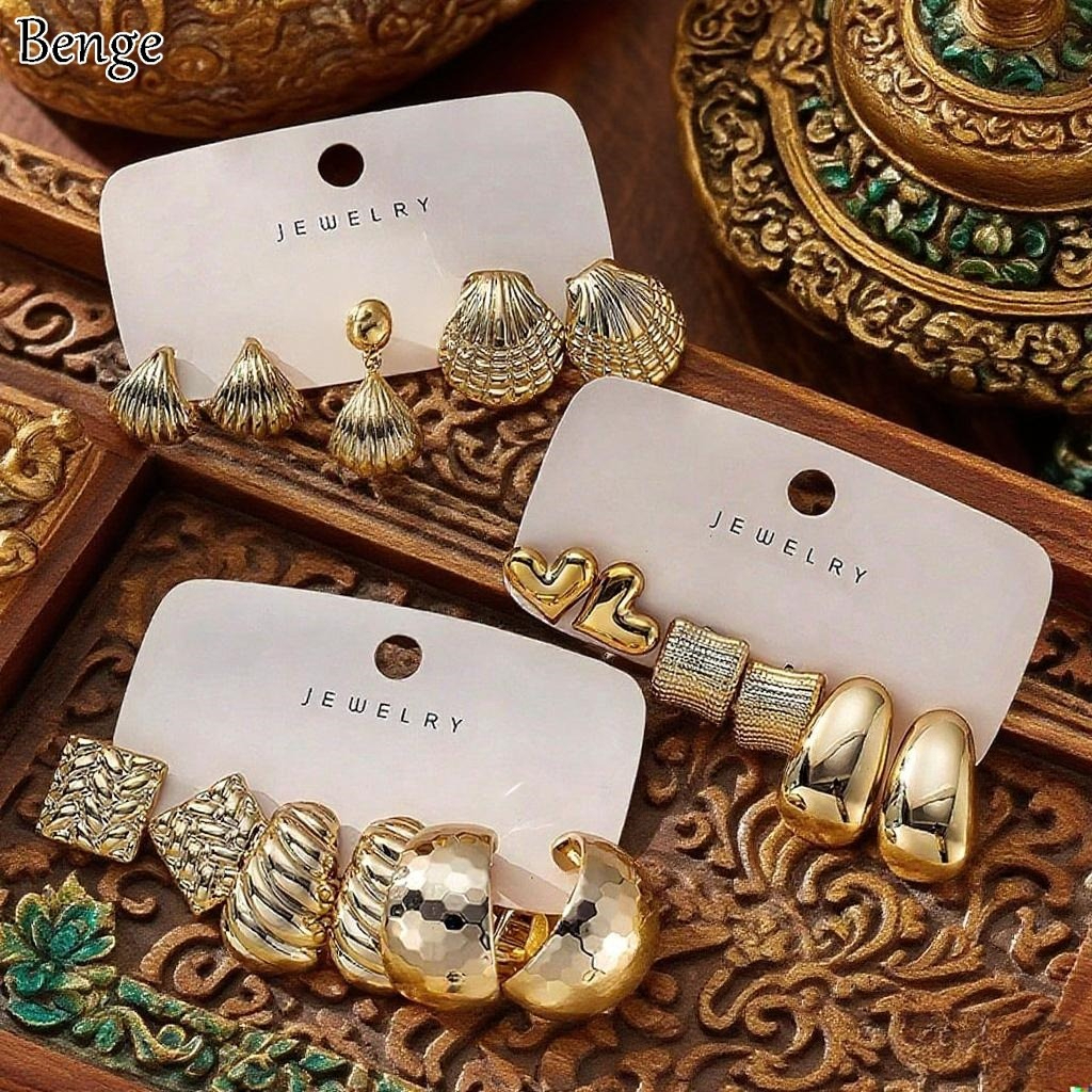 Benge Minimalist Metal Teardrop ชุดต่างหู C Hoop และ Studs 3 คู่สำหรับผู้หญิงทุกวัน สวยงามด้วยเครื่องประดับทองคำ