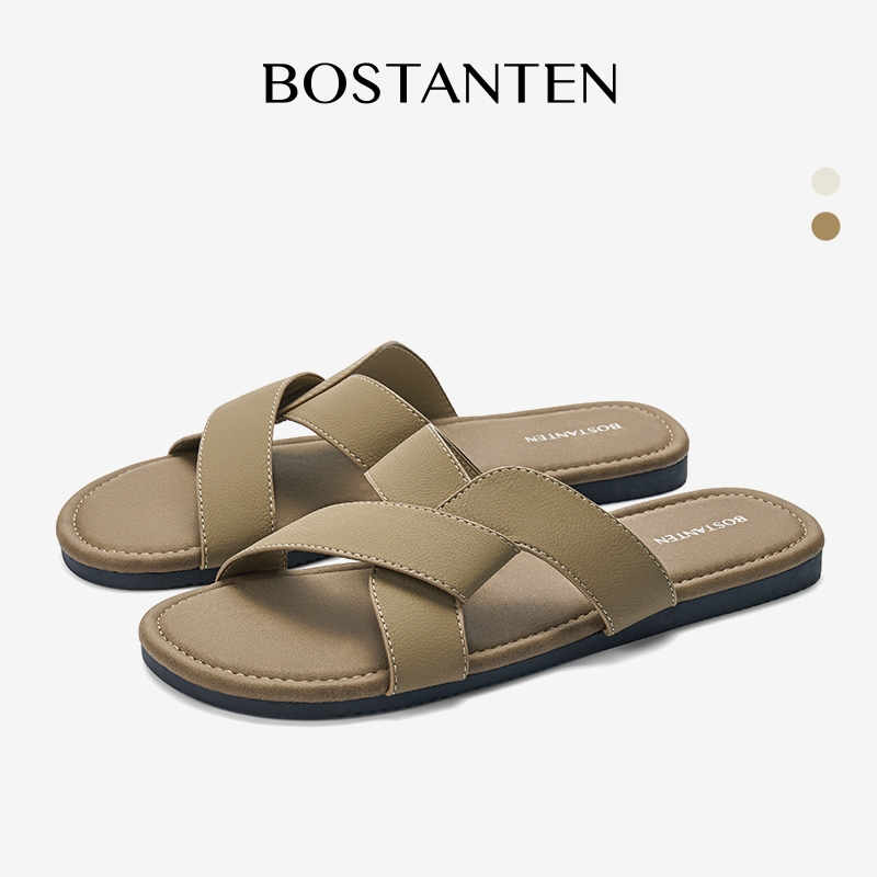 BOSTANTEN LuxChoco Coco รองเท้าแตะแฟลตผู้หญิง สายไขว้กว้าง สไตล์มินิมอล กันลื่น นุ่มสบาย ทนทาน