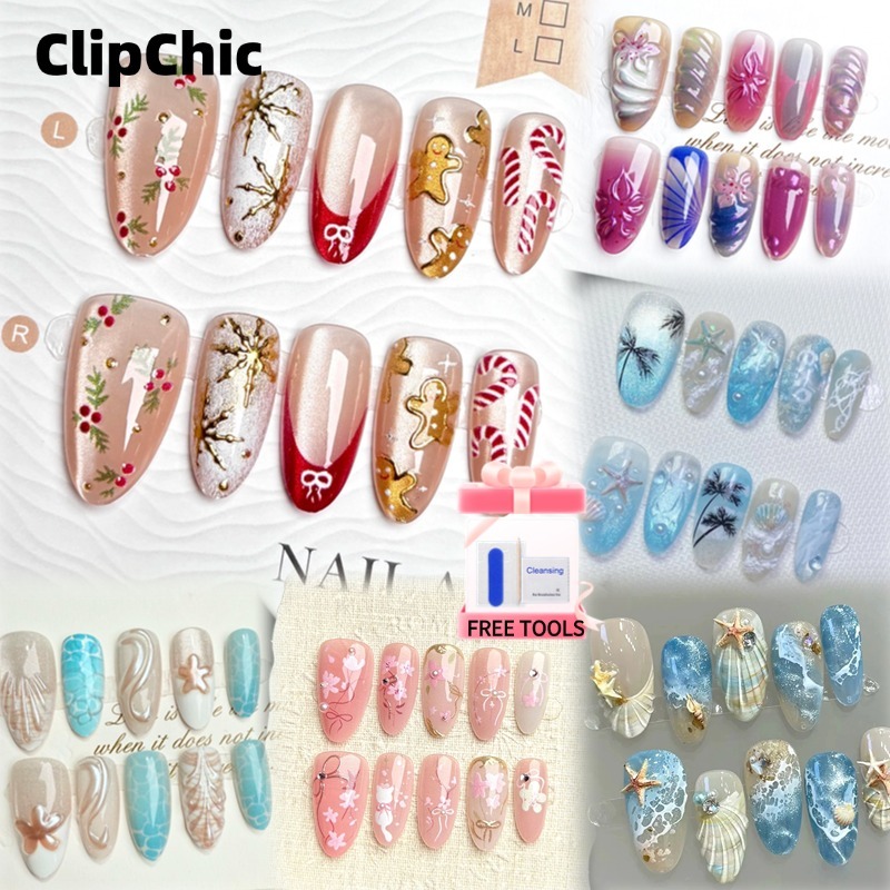 CilpChic10 ชิ้น Cats Eye เล็บปลอมกาวเยลลี่ XS/S/M ขนาดสั้นกลางบัลเล่ต์เล็บออกแบบ COD