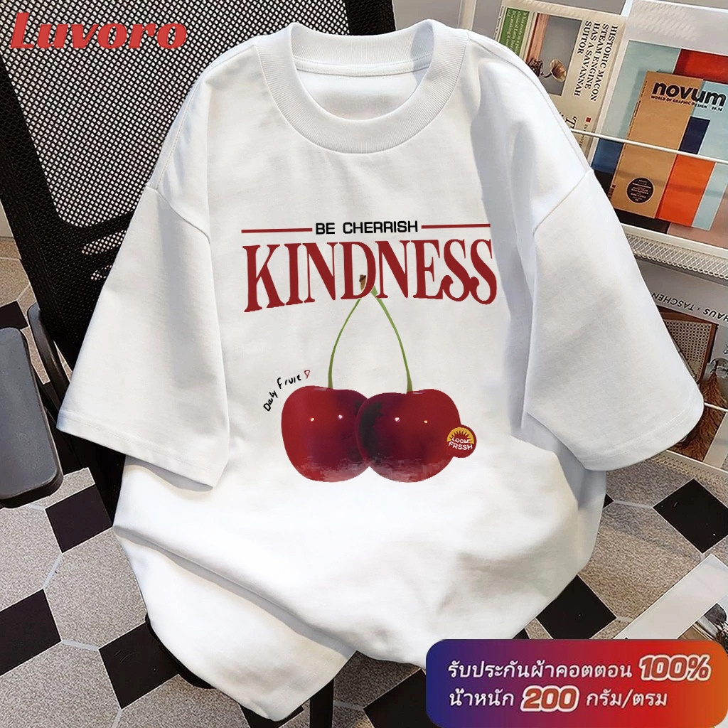 (Cotton 100%) ลายเชอร์รี่ เสื้อยืดแฟชั่น เสื้อยืดคู่รัก สไตล์เกาหลี เสื้อยืดสีดำและขาวย้อนยุค สำหรับผู้ชายและผู้หญิง ผ้าฝ้ายแท้ 100% C1602